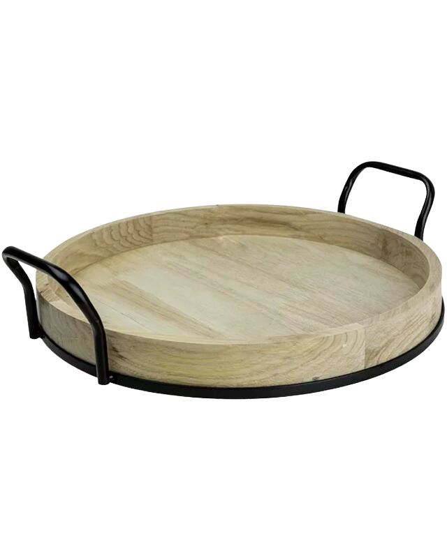 17 inch Round Light Wood and Metal Tray