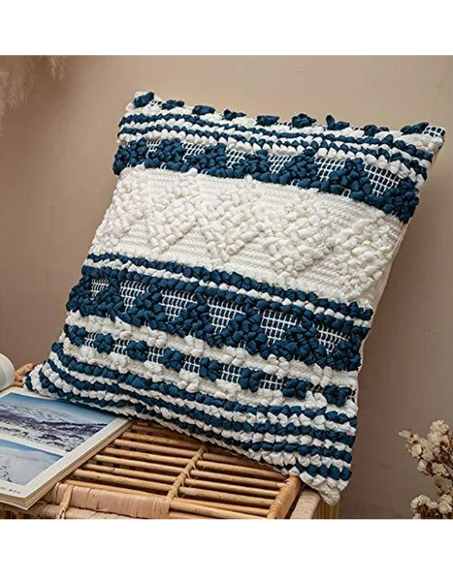 Handmade Geometric Blue Woven Boho Decorative Throw Pillow Cover 18 in W x 18 in L