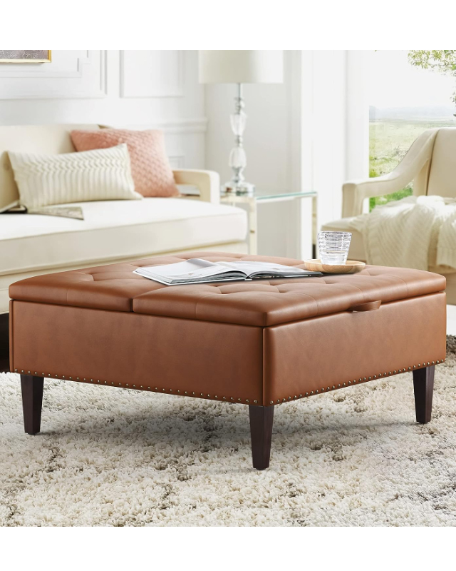 Large storage ottoman lift top coffee table tufted waffle faux leather